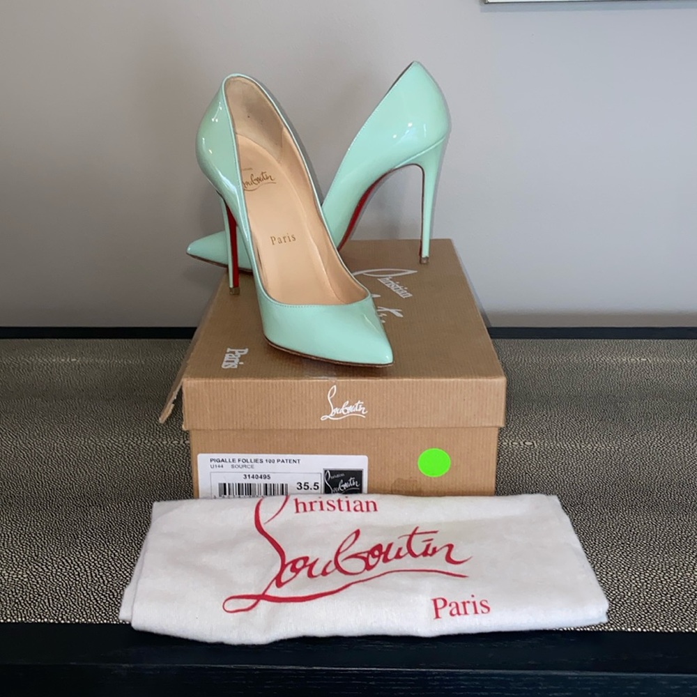 Authentic Christian Louboutin Pigalle Follies 100 Patent RARE Robins Egg 35.5